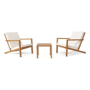 Benjara Liah Outdoor Patio Table Set-2 Chairs-Brown Acacia Wood-Cream Polyester