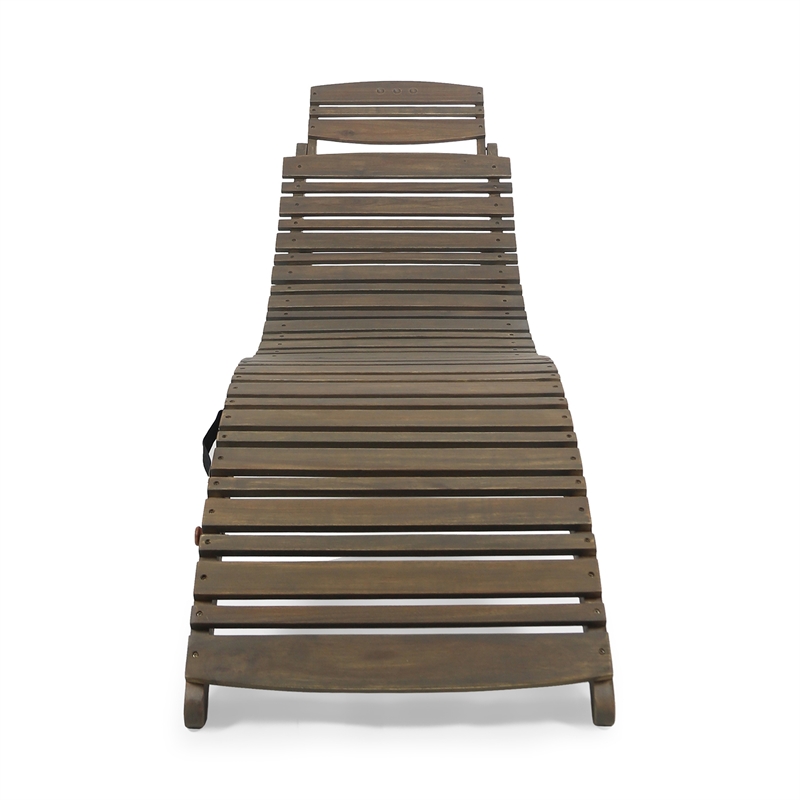 Benjara Hanie Outdoor Foldable Chaise Lounger- 73 Inch- Slatted Gray Acacia Wood