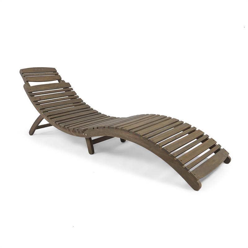 Benjara Hanie Outdoor Foldable Chaise Lounger- 73 Inch- Slatted Gray Acacia Wood
