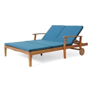 Benjara Hoye Double Chaise Lounger Recliner Bed- Outdoor- 79 Inch- Acacia Wood