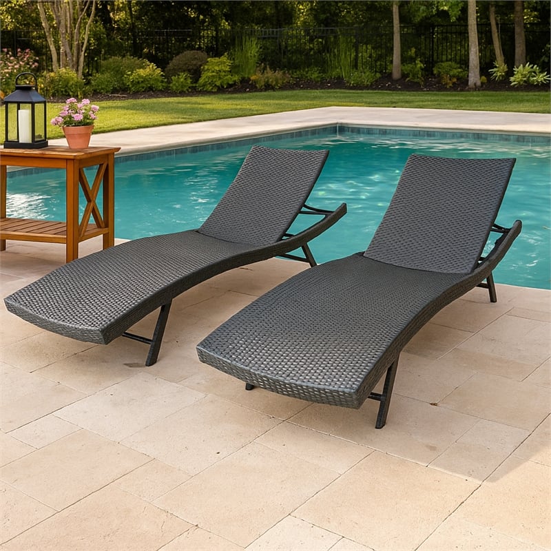 Benjara Stela Outdoor Lounge Chaise- Gray Rattan Wicker- Adjustable- 79 Inch