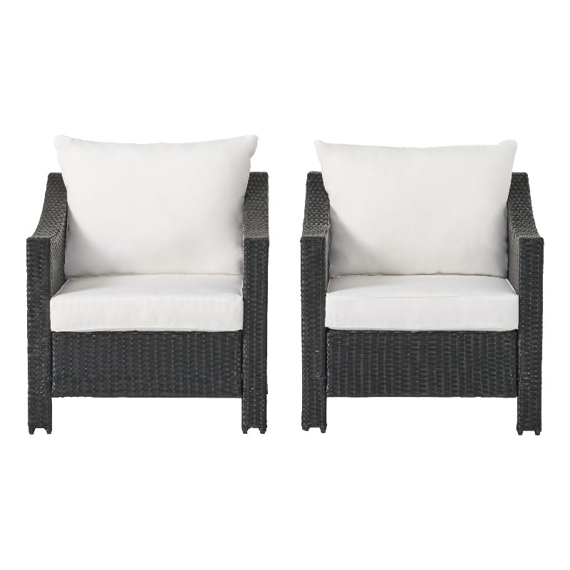 Benjara Annie Outdoor Armchair Set of 2-White Fabric-Gray PE Rattan Wicker-Iron
