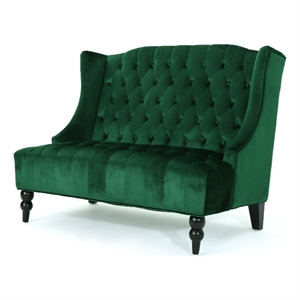 Benjara Lanny Loveseat Settee- Wingback Bench 50&quot Wood- Tufted Green Velvet