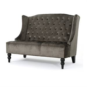 Benjara Lanny Loveseat Settee- Wingback Bench 50&quot Wood- Tufted Gray Velvet