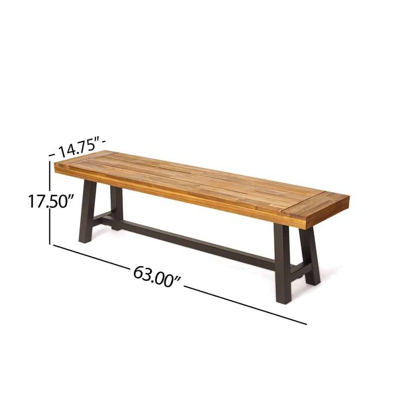 Benjara Leslee Outdoor Bench Set of 2- Light Brown Wood- Black Metal- 63 Inch
