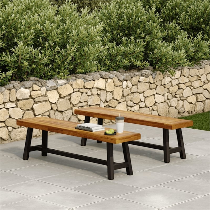 Benjara Leslee Outdoor Bench Set of 2- Light Brown Wood- Black Metal- 63 Inch