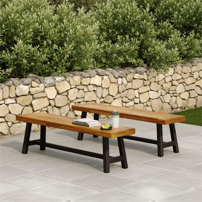 Benjara Leslee Outdoor Bench Set of 2- Light Brown Wood- Black Metal- 63 Inch