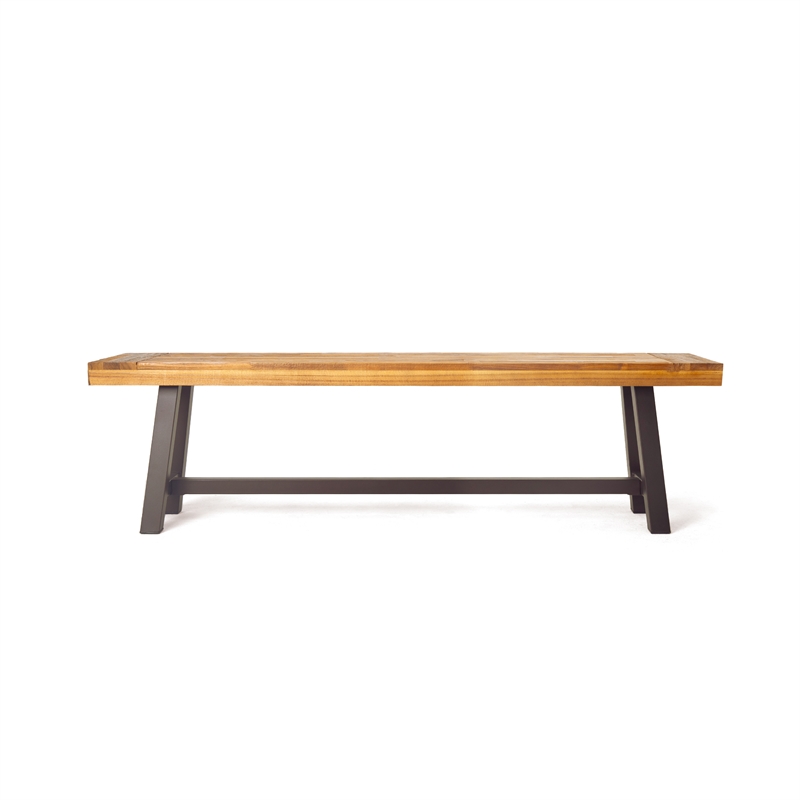 Benjara Leslee Outdoor Bench Set of 2- Light Brown Wood- Black Metal- 63 Inch