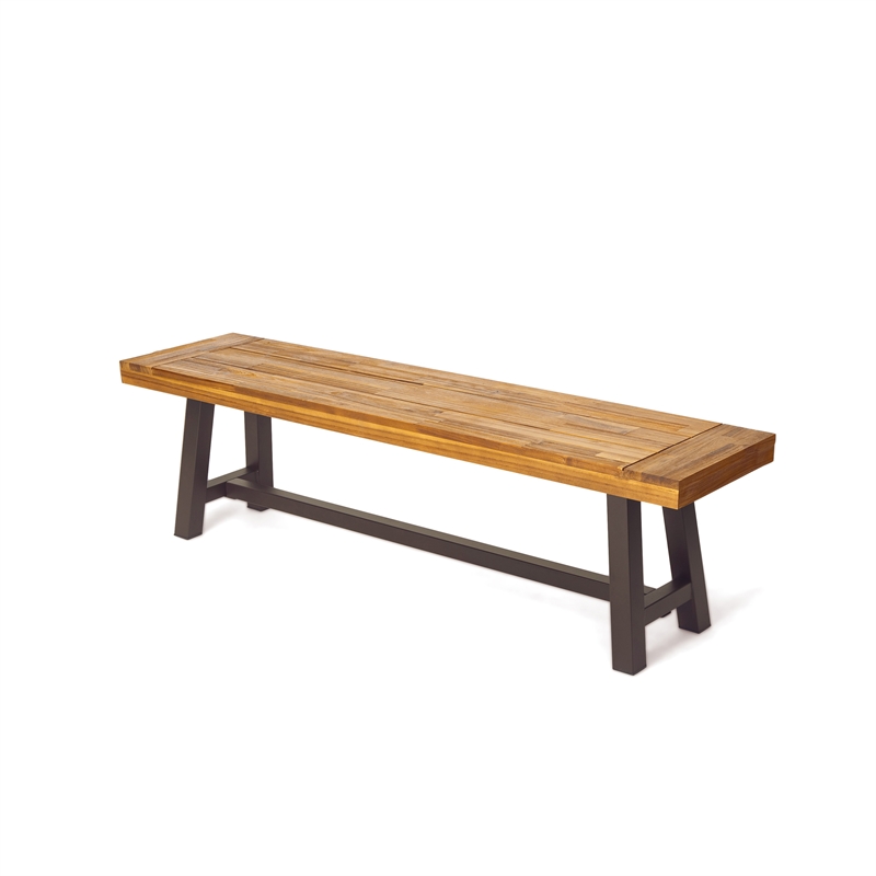 Benjara Leslee Outdoor Bench Set of 2- Light Brown Wood- Black Metal- 63 Inch