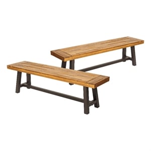 Benjara Leslee Outdoor Bench Set of 2- Light Brown Wood- Black Metal- 63 Inch