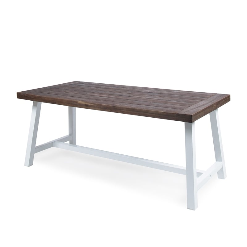 Benjara Nikay Outdoor Dining Table- Dark Brown Acacia Wood- White Iron- 71 Inch