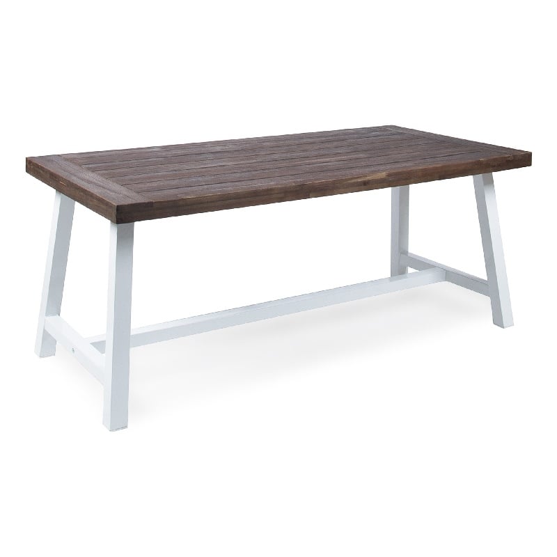 Benjara Nikay Outdoor Dining Table- Dark Brown Acacia Wood- White Iron- 71 Inch