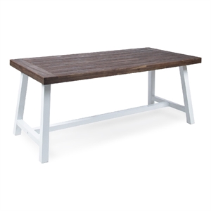 Benjara Nikay Outdoor Dining Table- Dark Brown Acacia Wood- White Iron- 71 Inch