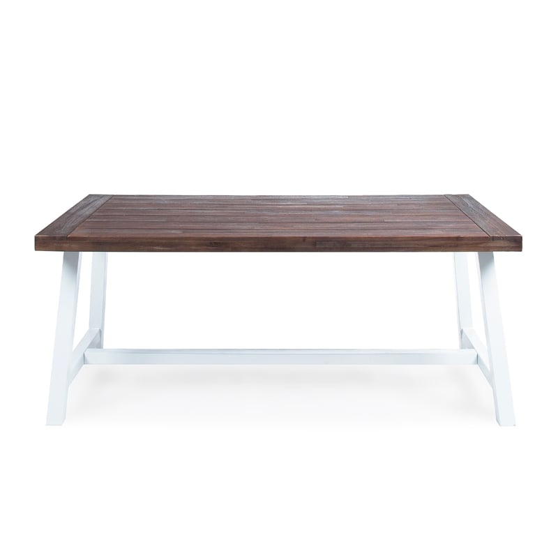 Benjara Nikay Outdoor Dining Table- Dark Brown Acacia Wood- White Iron- 71 Inch