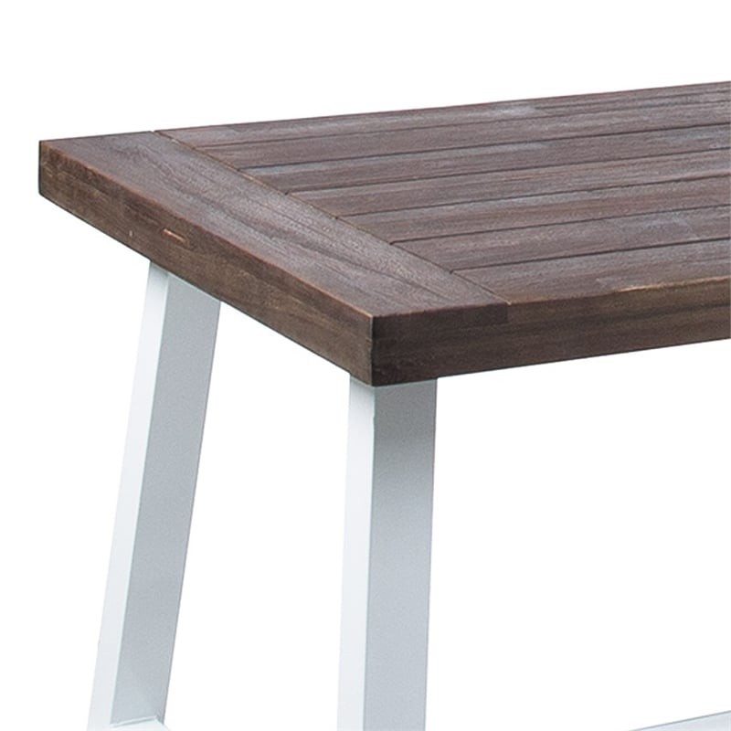 Benjara Nikay Outdoor Dining Table- Dark Brown Acacia Wood- White Iron- 71 Inch