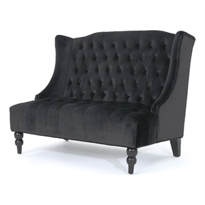 Benjara Lanny Loveseat Settee- Wingback Bench 50&quot Wood- Tufted Black Velvet