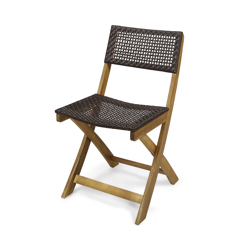 Benjara Bistro Side Chair- Foldable- Outdoor Gray Wicker Cane- Brown Acacia Wood