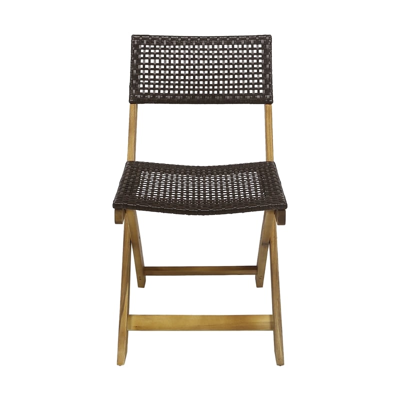 Benjara Bistro Side Chair- Foldable- Outdoor Gray Wicker Cane- Brown Acacia Wood