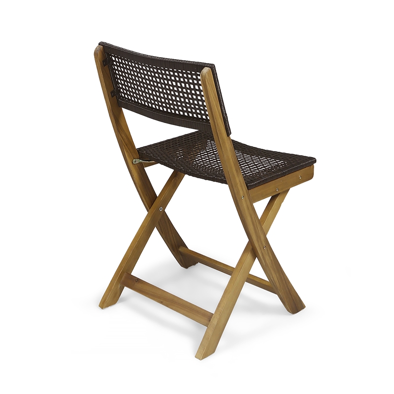 Benjara Bistro Side Chair- Foldable- Outdoor Gray Wicker Cane- Brown Acacia Wood