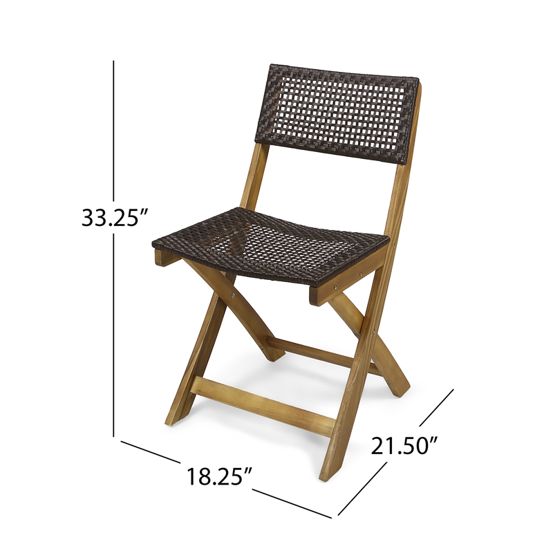 Benjara Bistro Side Chair- Foldable- Outdoor Gray Wicker Cane- Brown Acacia Wood