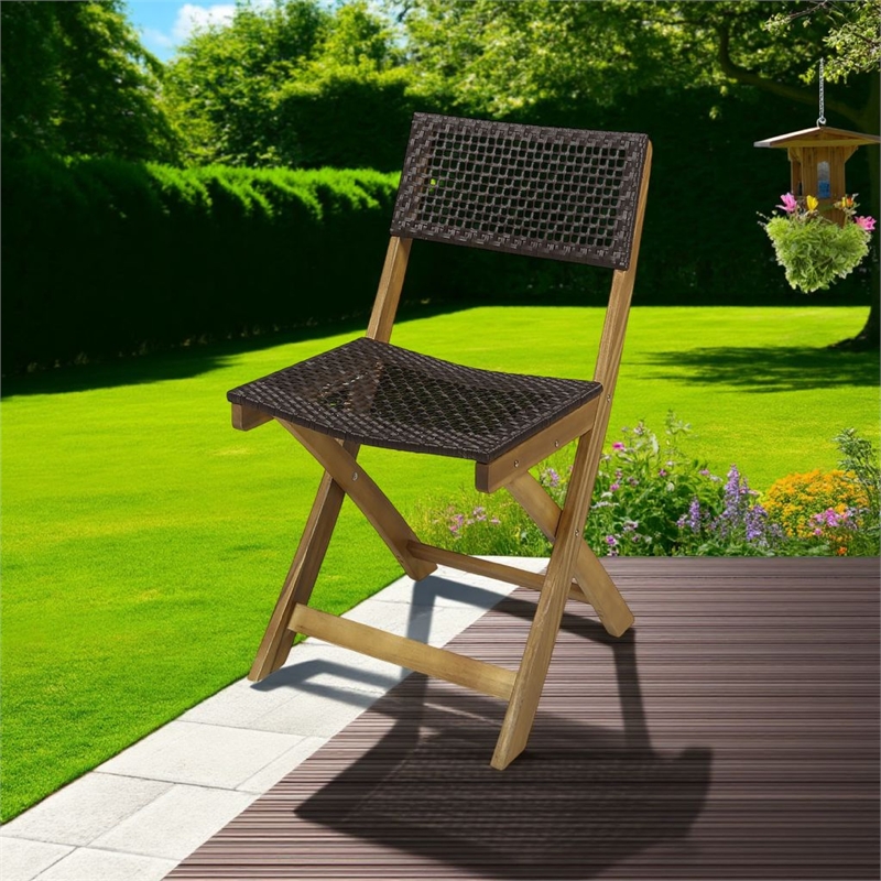 Benjara Bistro Side Chair- Foldable- Outdoor Gray Wicker Cane- Brown Acacia Wood