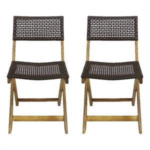 Benjara Bistro Side Chair- Foldable- Outdoor Gray Wicker Cane- Brown Acacia Wood