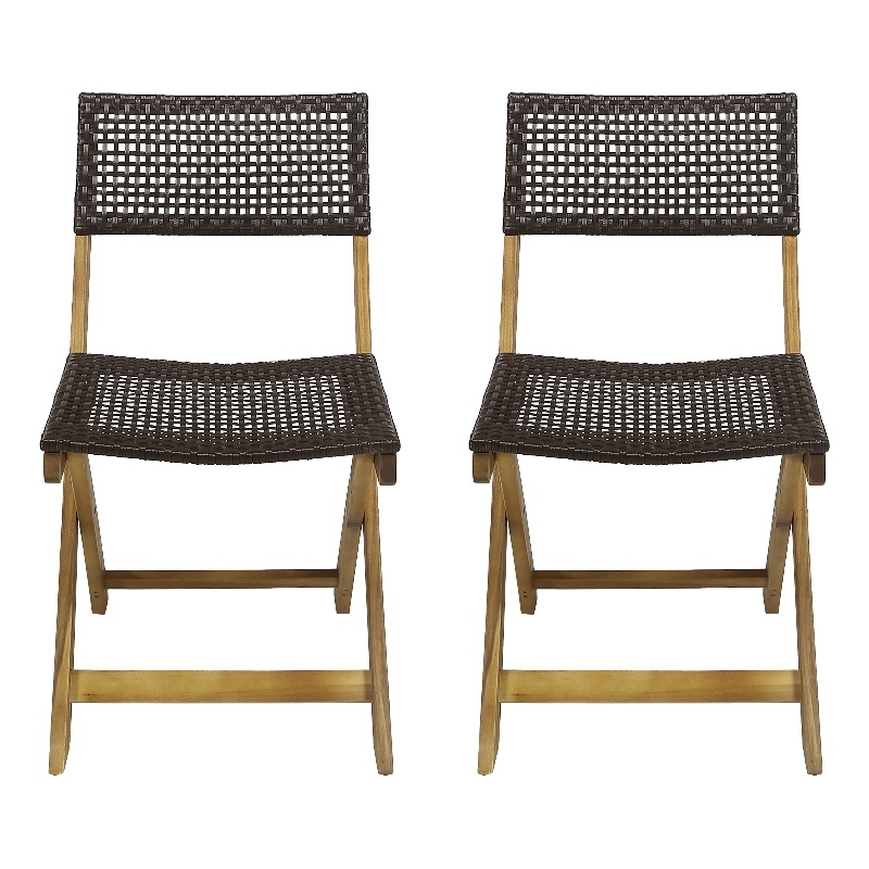 Benjara Bistro Side Chair- Foldable- Outdoor Gray Wicker Cane- Brown Acacia Wood