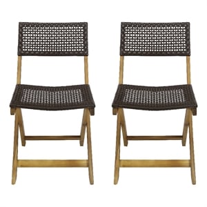 Benjara Bistro Side Chair- Foldable- Outdoor Gray Wicker Cane- Brown Acacia Wood