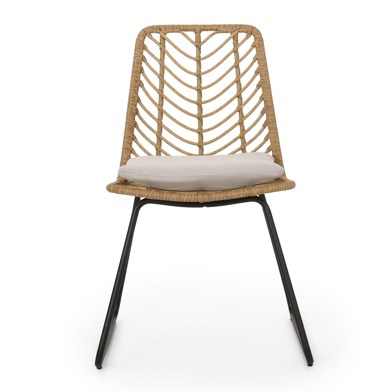 Benjara Side Dining Chair Set of 2-Black Metal-White Fabric-Brown Wicker Rattan
