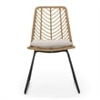 Benjara Side Dining Chair Set of 2-Black Metal-White Fabric-Brown Wicker Rattan