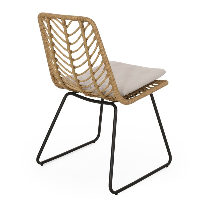 Benjara Side Dining Chair Set of 2-Black Metal-White Fabric-Brown Wicker Rattan