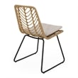 Benjara Side Dining Chair Set of 2-Black Metal-White Fabric-Brown Wicker Rattan