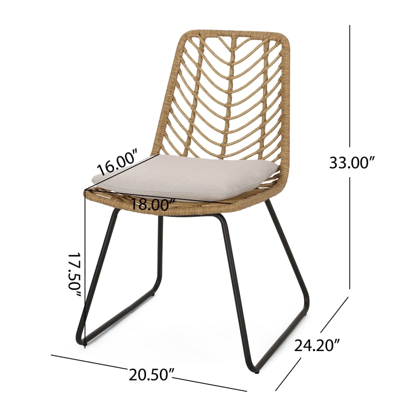 Benjara Side Dining Chair Set of 2-Black Metal-White Fabric-Brown Wicker Rattan