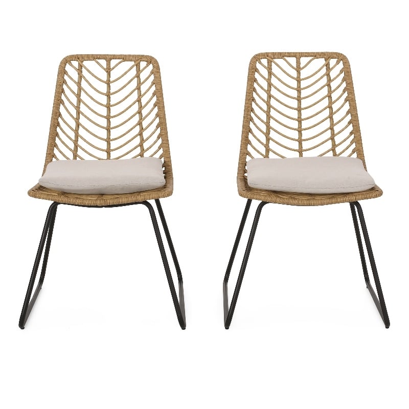 Benjara Side Dining Chair Set of 2-Black Metal-White Fabric-Brown Wicker Rattan