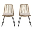 Benjara Side Dining Chair Set of 2-Black Metal-White Fabric-Brown Wicker Rattan