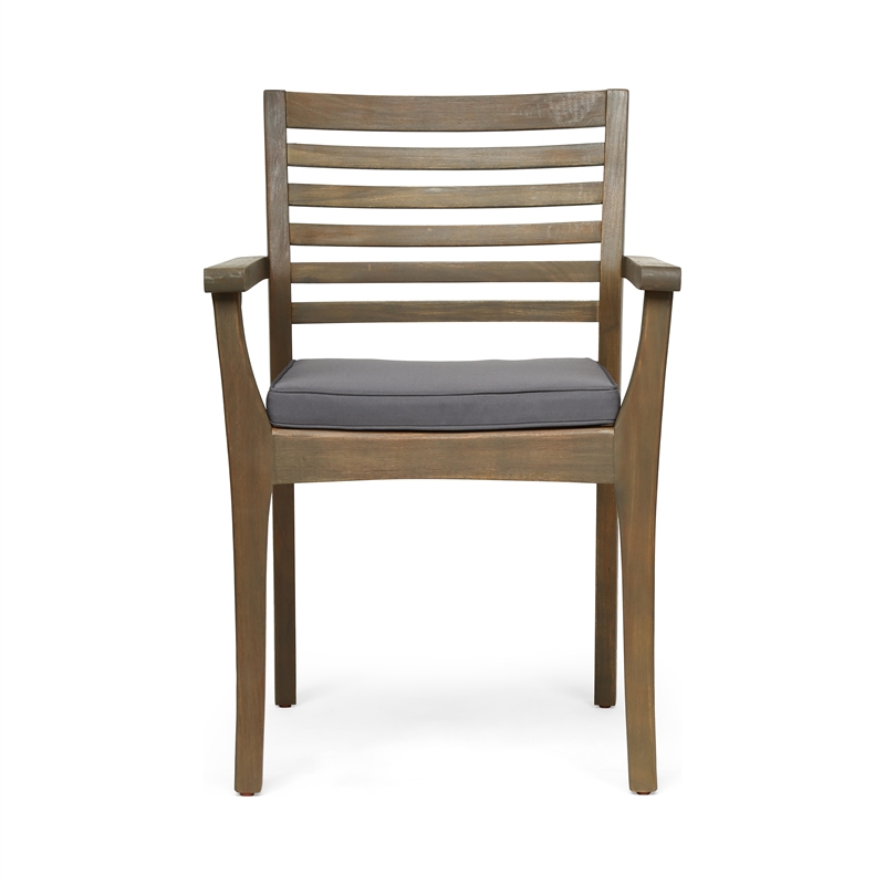 Benjara Dining Chair- Slatted Back- Modern- Teak Brown Acacia Wood- Gray Fabric