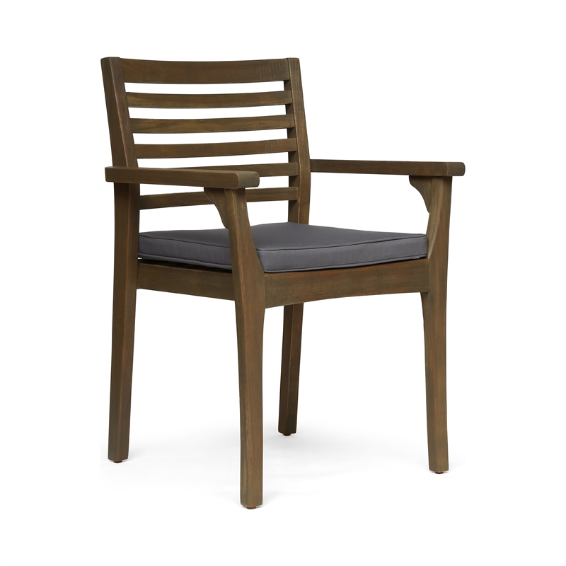 Benjara Dining Chair- Slatted Back- Modern- Teak Brown Acacia Wood- Gray Fabric