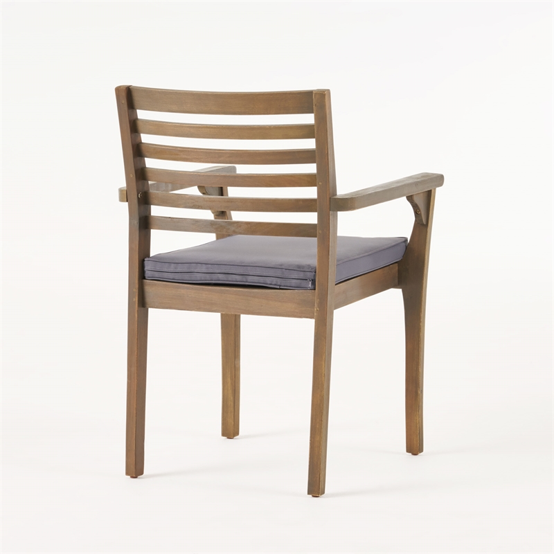 Benjara Dining Chair- Slatted Back- Modern- Teak Brown Acacia Wood- Gray Fabric