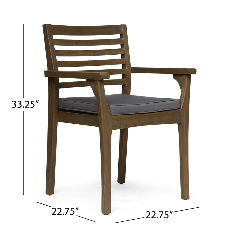 Benjara Dining Chair- Slatted Back- Modern- Teak Brown Acacia Wood- Gray Fabric
