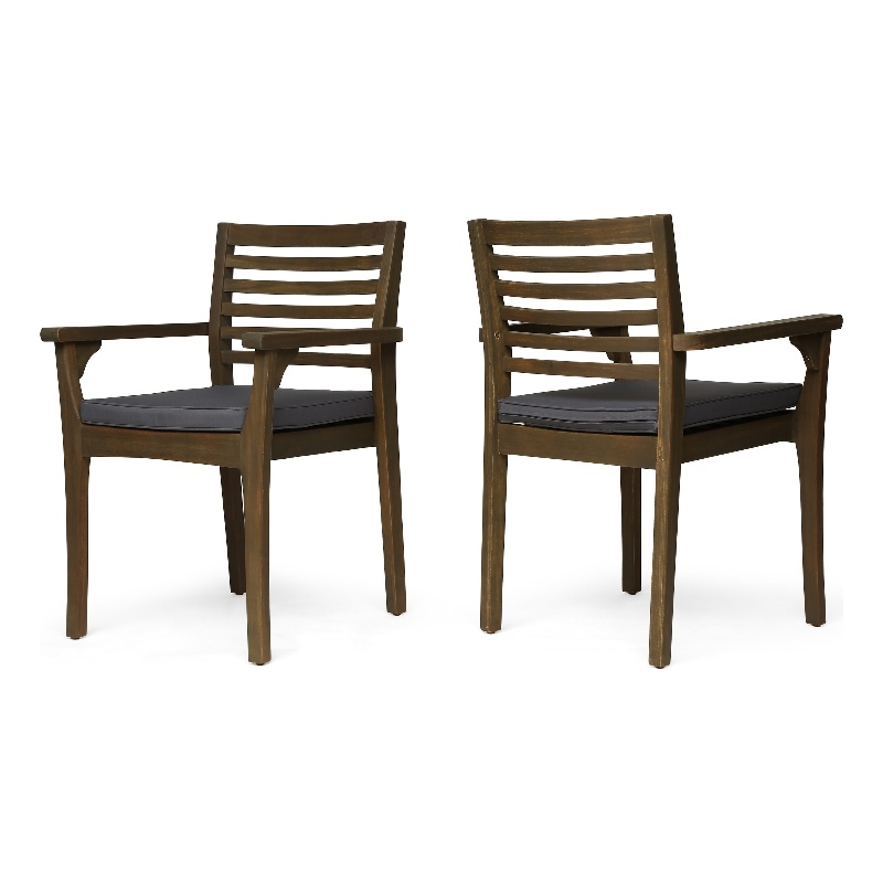 Benjara Dining Chair- Slatted Back- Modern- Teak Brown Acacia Wood- Gray Fabric