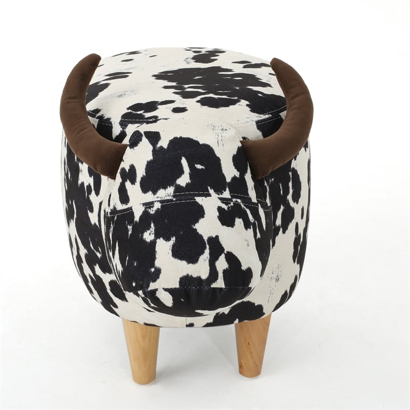 Benjara Massy Cow Kids Ottoman 25 Inches- Black- White Velvet- Light Brown Horn