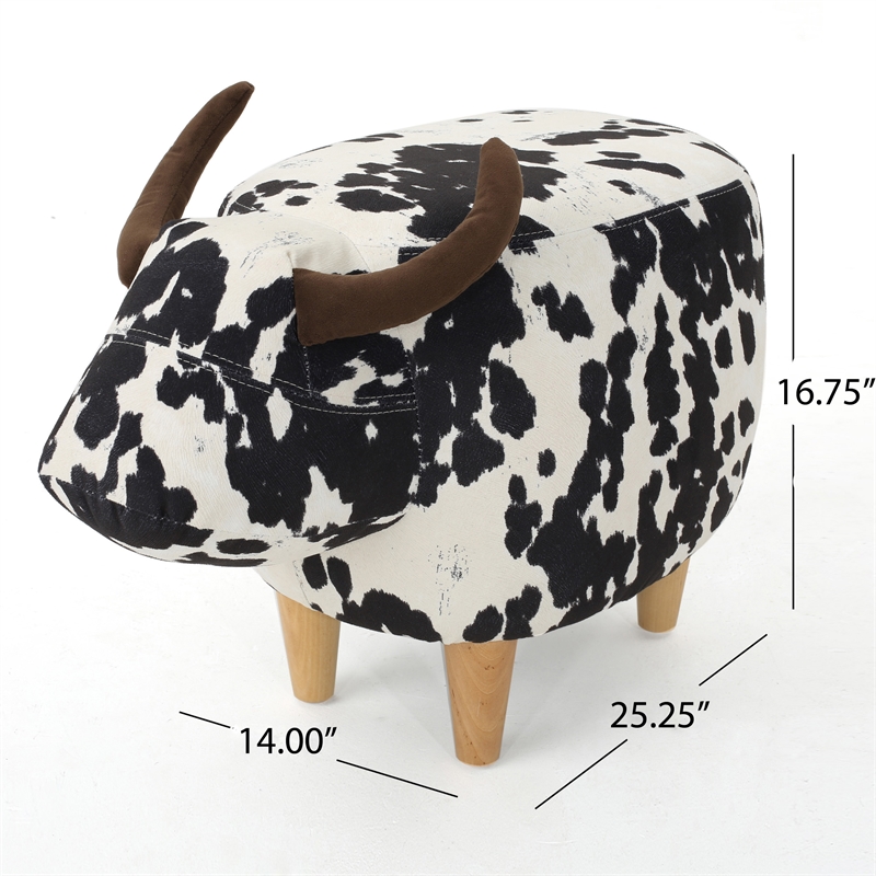 Benjara Massy Cow Kids Ottoman 25 Inches- Black- White Velvet- Light Brown Horn