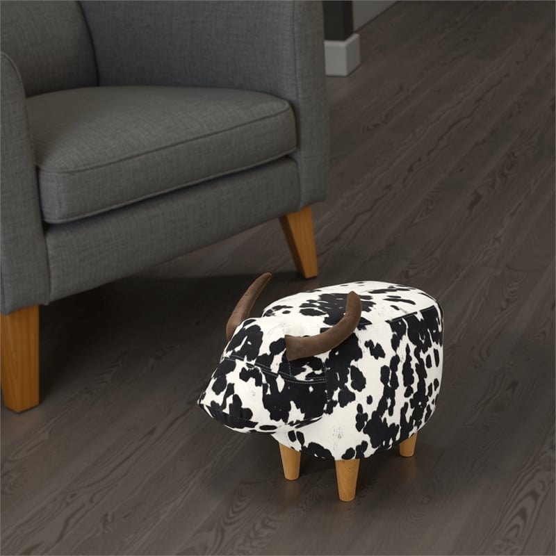 Benjara Massy Cow Kids Ottoman 25 Inches- Black- White Velvet- Light Brown Horn