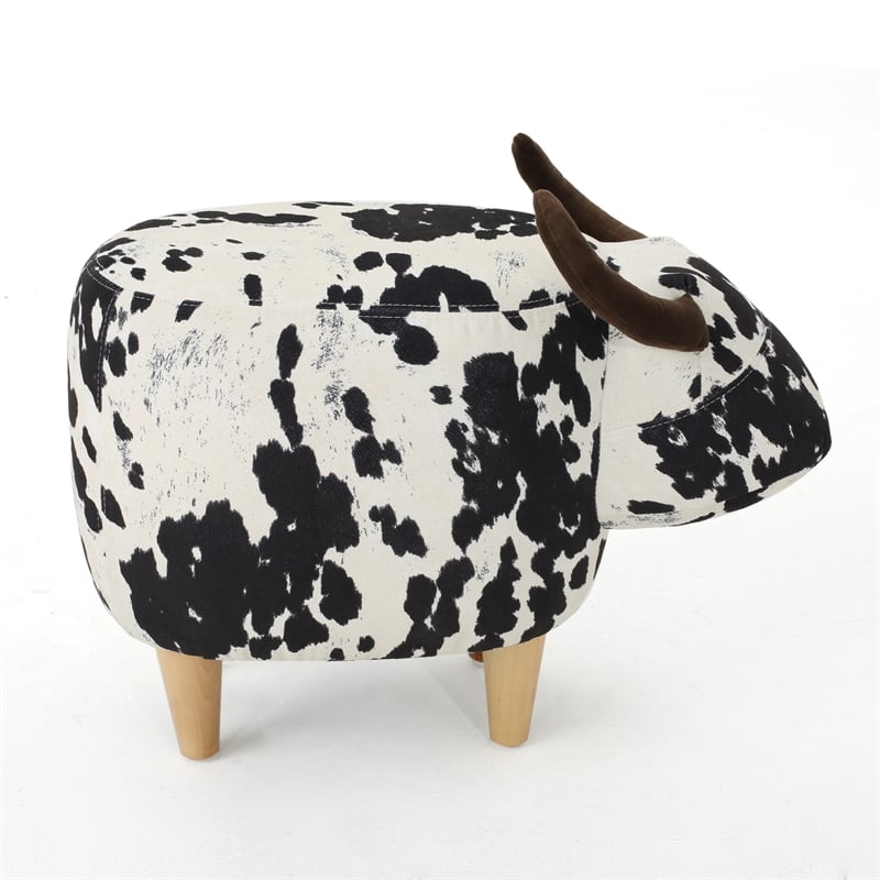 Benjara Massy Cow Kids Ottoman 25 Inches- Black- White Velvet- Light Brown Horn