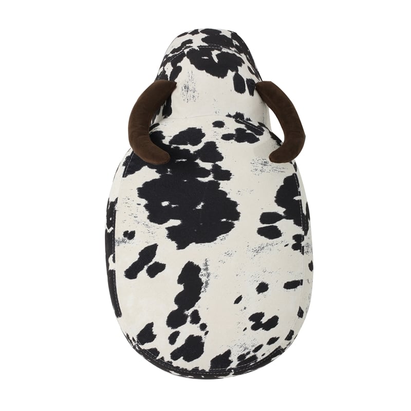 Benjara Massy Cow Kids Ottoman 25 Inches- Black- White Velvet- Light Brown Horn
