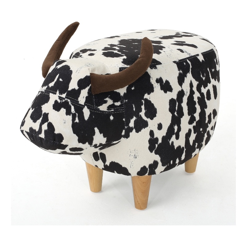 Benjara Massy Cow Kids Ottoman 25 Inches- Black- White Velvet- Light Brown Horn