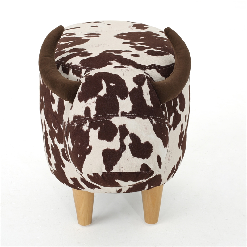 Benjara Massy Cow Kids Ottoman 25 Inches- Brown- White Velvet- Light Brown Horn