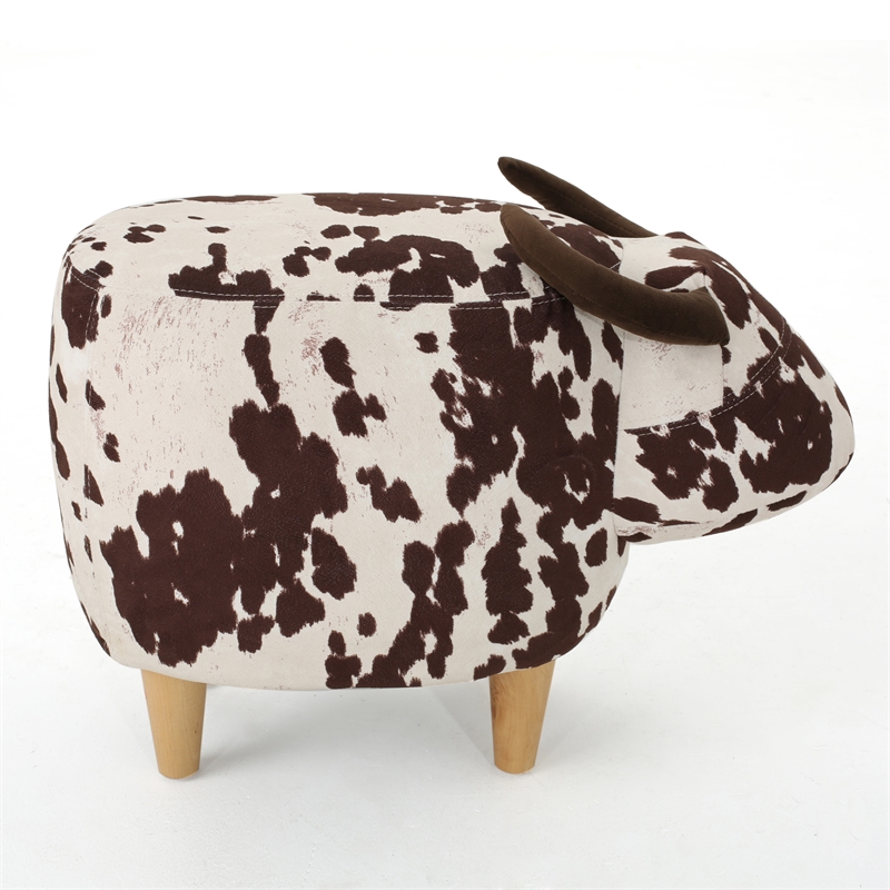 Benjara Massy Cow Kids Ottoman 25 Inches- Brown- White Velvet- Light Brown Horn