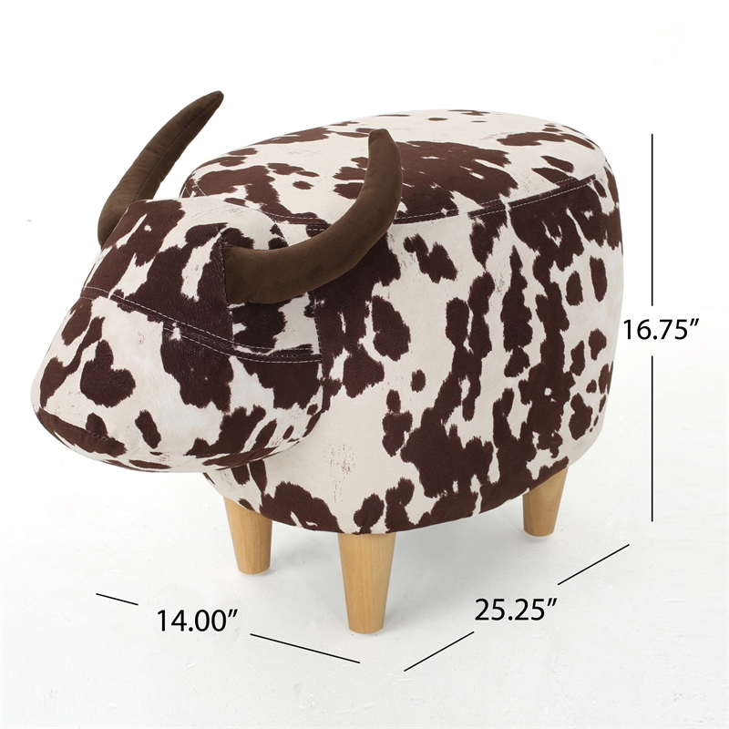 Benjara Massy Cow Kids Ottoman 25 Inches- Brown- White Velvet- Light Brown Horn