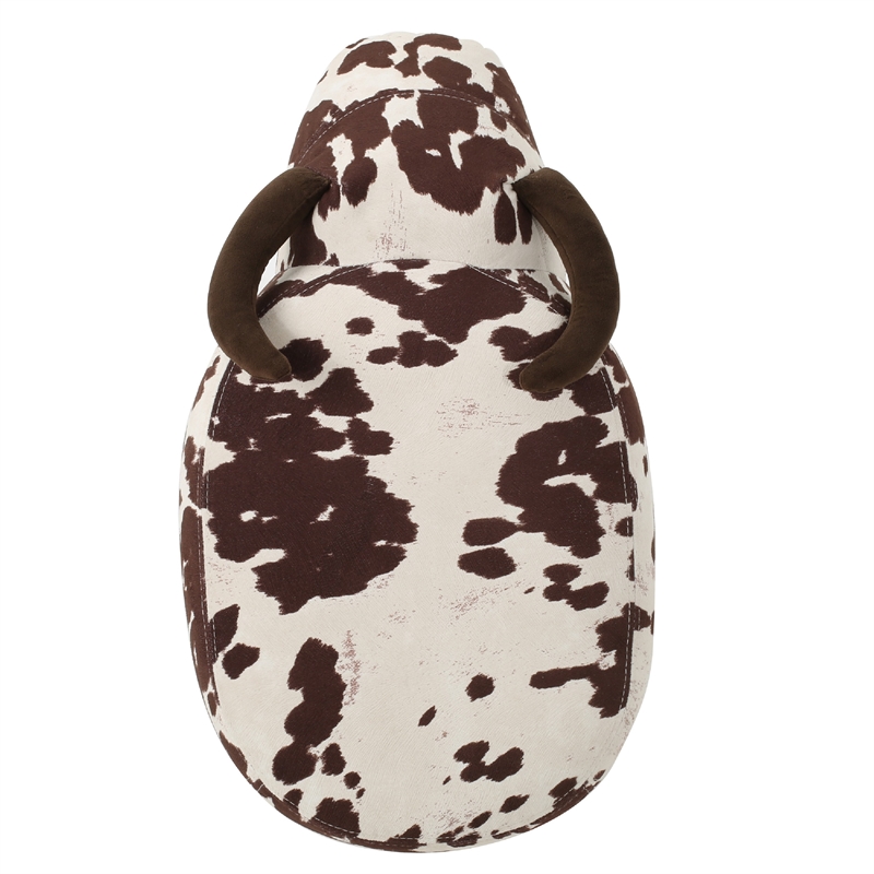 Benjara Massy Cow Kids Ottoman 25 Inches- Brown- White Velvet- Light Brown Horn